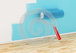 3d Paint roller painting wall with colour blue.