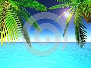 3D palm trees against ocean scene