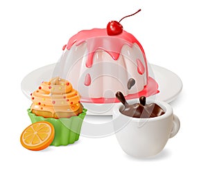 3d Panna Cotta with Cherry, Cupcake and Cup Coffee Splash Sweet Dessert Food Cartoon Style. Vector