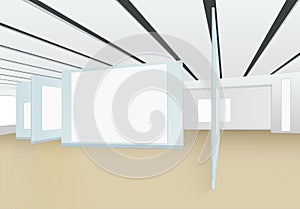 3D panorama of empty hall of the picture gallery with boards for