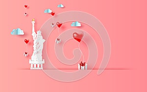 3D Paper art of Illustration of red balloons heart gift floating in sky with landscape view shadow scene place for your text