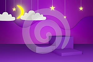 3d paper art of moon and stars with white cloud background at night sky. 3D render display podium stand for banner. Abstract of