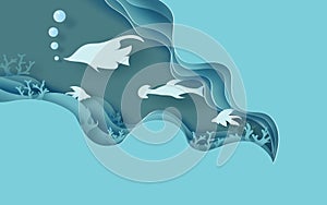 3d paper art of under water Clear sea water with abstract curve blue background.Creative design idea wildlife Funny happy fish