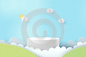 3d Paper cut abstract minimal geometric shape template background.White cylinder podium on clouds and green nature mountains