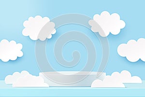 3d Paper cut abstract minimal scene geometric shape template background.3D white cylinder pedestal podium and cloud on blue