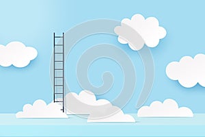 3d Paper cut abstract minimal scene geometric shape template background.Ladder and cloud on blue sky background.Vector