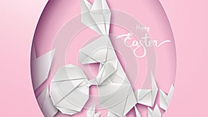 3d paper cut illustration of easter rabbit, grass, flowers and egg shape. Happy easter greeting card modern template. - Vector
