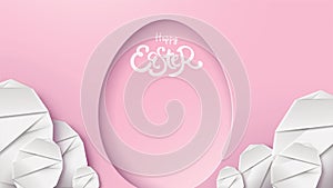 3d paper cut illustration of easter rabbit, grass, flowers and egg shape. Happy easter greeting card modern template. - Vector