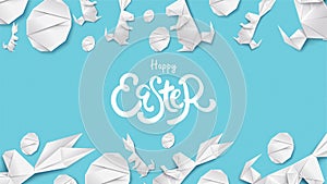 3d paper cut illustration of easter rabbit, grass, flowers and egg shape. Happy easter greeting card modern template. - Vector