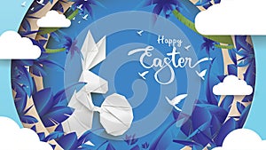 3d paper cut illustration of easter rabbit, grass, flowers, plant, tree and egg shape with nature concept. Happy easter greeting