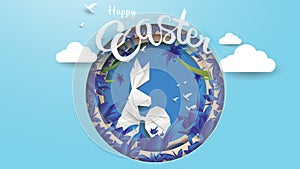 3d paper cut illustration of easter rabbit, grass, flowers, plant, tree and egg shape with nature concept. Happy easter greeting