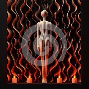 3d Paper Cut Man Standing In Front Of Fire And Candles