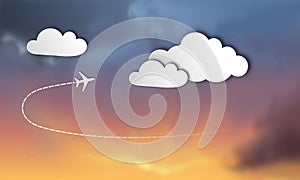 3D paper illustration with plane and clouds at sunset-on stormy background