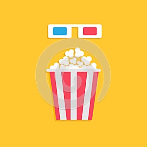 3D paper red blue glasses and big popcorn box. Cinema movie icon in flat dsign style. Yellow background.