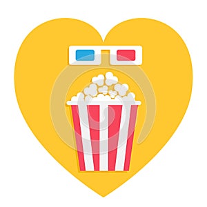 3D paper red blue glasses and big popcorn box. Heart shape. I love Cinema movie icon in flat design style. White background