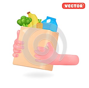 3D Paper shopping bag with fresh food in hands. Render of grocery store, supermarket. Food and beverages. Milk, vegetables, fruits