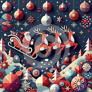 3D Papercut Style of Christmas Balls, Snow Flakes and Santa with Reindeer Sled