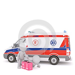 3d Paramedic treating a patient near an ambulance