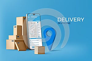 3d parcel box, delivery in phone. Fast cargo service, mobile truck or logistic for address, package location. Web banner