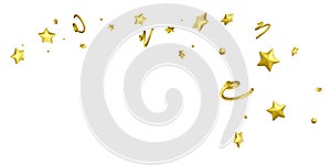 3D Party confetti with star, spirals and serpentine ribbon. Golden festive decoration elements for banner and poster. Birthday