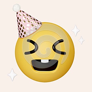 3d party emoji celebrate emoticon. Happy birthday face hat emoji. icon isolated on gray background. 3d rendering