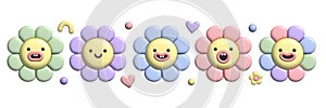 3D pastel flower set with plasticine effect. Y2k cute smile daisy stickers in trendy plastic style.