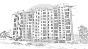 3d pencil sketch illustration of a modern multistory building and car parking