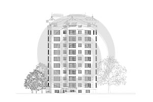 3d pencil sketch illustration of a modern multistory building exterior and yard landscape design