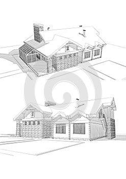 3d pencil sketch illustration of a modern private house, different points of view