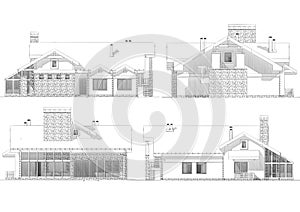 3d pencil sketch illustration of a modern private house, different points of view