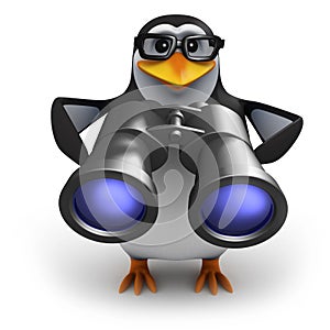 3d Penguin bird watcher with binoculars