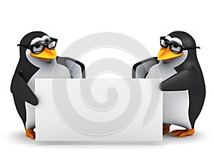 3d Penguin hold up a blank banner