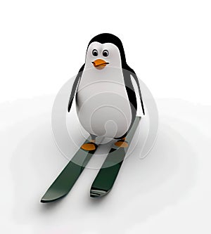 3d penguin with ice ski for ice sking concept