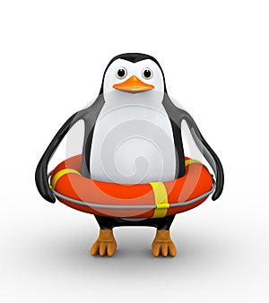 3d penguin in life preserver lifebuoy ring