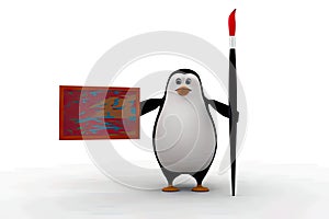 3d penguin with paint brush and borad concept