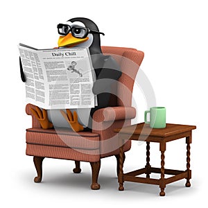 3d Penguin reading the news in his favourite chair