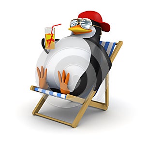 3d Penguin relaxes in deckchair