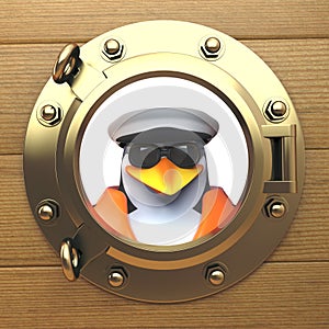 3d penguin sailor captain in sailors hat looking out of a brass porthole, port hole, 3d illustration