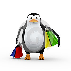 3d penguin and shopping bag