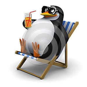 3d Penguin sunbathes with a drink
