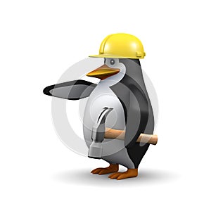 3d Penguin wearing a hardhat and working in construction