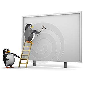 3d Penguins working on a blank advertising hoarding