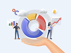 3D people analytics and data statistics for social research tiny person concept. Percentage diagram and chart 3D