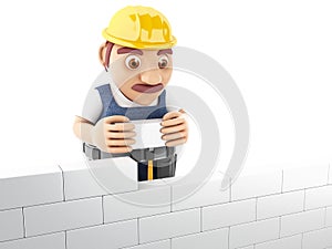 3d people building a brick wall.