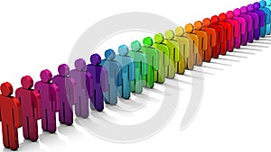 3D people figure in row of colorful figures on white background with depth of field focus effect.