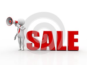 3d people - human character, person with a megaphone and word ` Sale` . Discounts .