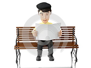 3d People reading on a wooden bench.