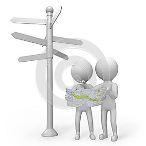 3d people standing at a signpost with a map