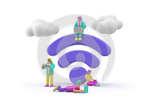 3D People Surfing Internet near WiFi symbol rendering. Public free Wi-Fi hotspot zone Wireless Connection