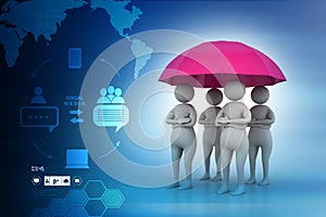 3d people under a red umbrella, team work concept